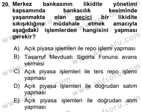 Para ve Banka Dersi 2023 - 2024 Yılı Yaz Okulu Sınav Soruları 20. Soru