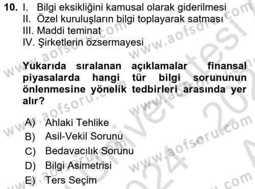 Para ve Banka Dersi 2024 - 2025 Yılı (Vize) Ara Sınav Soruları 10. Soru