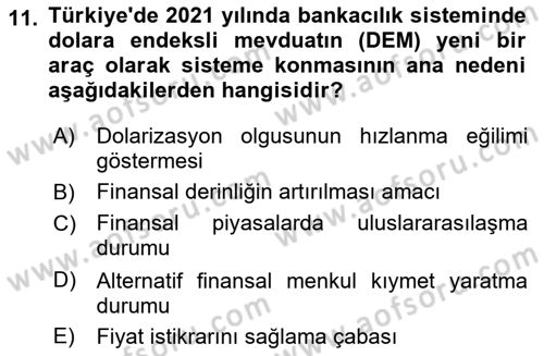 Para ve Banka Dersi 2024 - 2025 Yılı (Vize) Ara Sınav Soruları 11. Soru