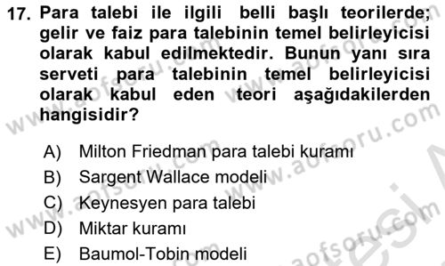 Para ve Banka Dersi 2024 - 2025 Yılı (Vize) Ara Sınav Soruları 17. Soru