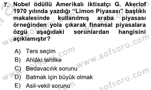 Para ve Banka Dersi 2024 - 2025 Yılı (Vize) Ara Sınav Soruları 7. Soru