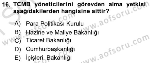 Para ve Banka Dersi 2024 - 2025 Yılı (Final) Dönem Sonu Sınav Soruları 16. Soru