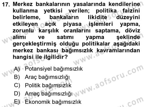 Para ve Banka Dersi 2024 - 2025 Yılı (Final) Dönem Sonu Sınav Soruları 17. Soru