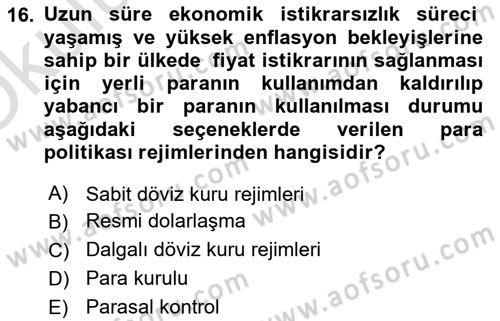 Para ve Banka Dersi 2024 - 2025 Yılı Yaz Okulu Sınav Soruları 16. Soru