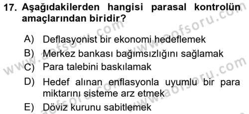 Para ve Banka Dersi 2024 - 2025 Yılı Yaz Okulu Sınav Soruları 17. Soru