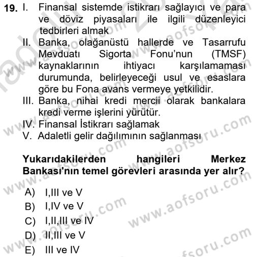 Para ve Banka Dersi 2024 - 2025 Yılı Yaz Okulu Sınav Soruları 19. Soru