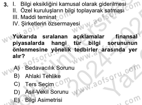 Para ve Banka Dersi 2024 - 2025 Yılı Yaz Okulu Sınav Soruları 3. Soru