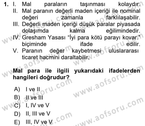 Para ve Banka Dersi 2025 - 2026 Yılı (Final) Dönem Sonu Sınav Soruları 1. Soru
