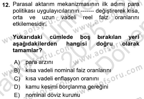 Para ve Banka Dersi 2025 - 2026 Yılı (Final) Dönem Sonu Sınav Soruları 12. Soru