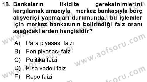 Para ve Banka Dersi 2025 - 2026 Yılı (Final) Dönem Sonu Sınav Soruları 18. Soru