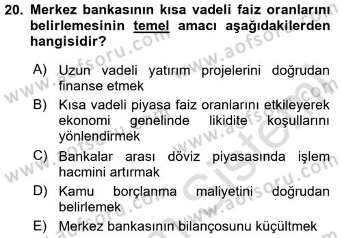 Para ve Banka Dersi 2025 - 2026 Yılı (Final) Dönem Sonu Sınav Soruları 20. Soru