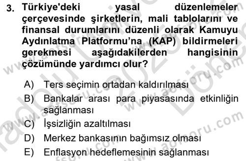Para ve Banka Dersi 2025 - 2026 Yılı (Final) Dönem Sonu Sınav Soruları 3. Soru