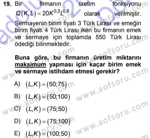 Matematiksel İktisat Dersi 2012 - 2013 Yılı (Final) Dönem Sonu Sınav Soruları 19. Soru
