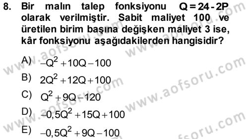 Matematiksel İktisat Dersi Ara Sınavı Deneme Sınav Soruları 8. Soru