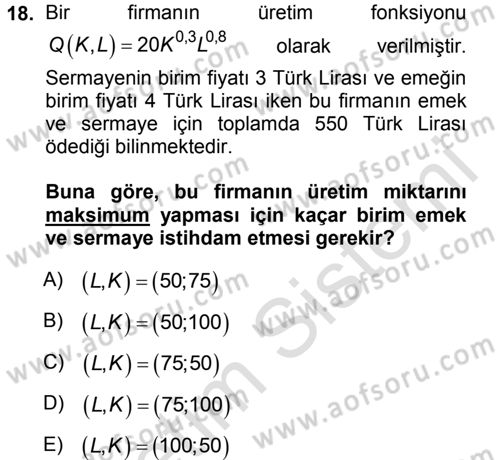 Matematiksel İktisat Dersi 2013 - 2014 Yılı Tek Ders Sınav Soruları 18. Soru