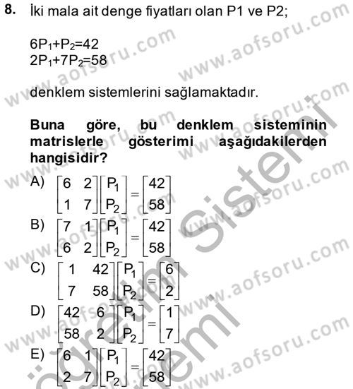 Matematiksel İktisat Dersi 2014 - 2015 Yılı (Final) Dönem Sonu Sınav Soruları 8. Soru