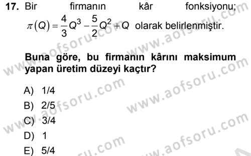 Matematiksel İktisat Dersi 2014 - 2015 Yılı Tek Ders Sınav Soruları 17. Soru