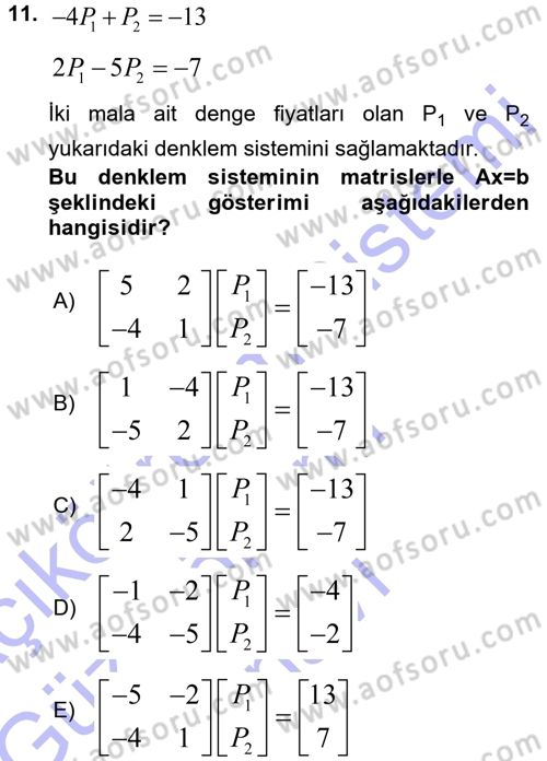 Matematiksel İktisat Dersi 2015 - 2016 Yılı (Final) Dönem Sonu Sınav Soruları 11. Soru