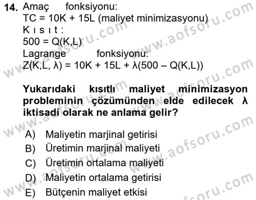Matematiksel İktisat Dersi 2015 - 2016 Yılı (Final) Dönem Sonu Sınav Soruları 14. Soru