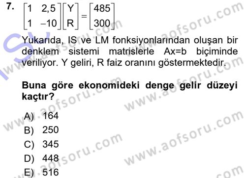 Matematiksel İktisat Dersi 2015 - 2016 Yılı (Final) Dönem Sonu Sınav Soruları 7. Soru