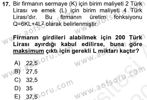 Matematiksel İktisat Dersi 2015 - 2016 Yılı Tek Ders Sınav Soruları 17. Soru