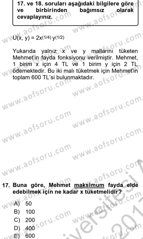 Matematiksel İktisat Dersi 2016 - 2017 Yılı 3 Ders Sınav Soruları 17. Soru