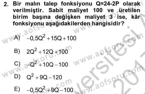 Matematiksel İktisat Dersi 2016 - 2017 Yılı 3 Ders Sınav Soruları 2. Soru