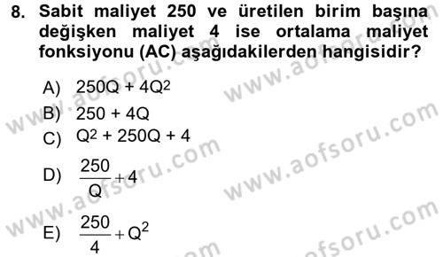 Matematiksel İktisat Dersi Ara Sınavı Deneme Sınav Soruları 8. Soru