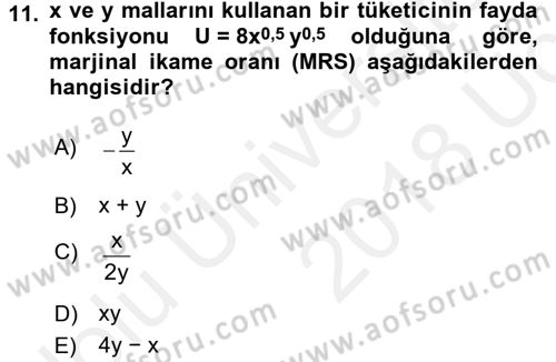 Matematiksel İktisat Dersi 2017 - 2018 Yılı 3 Ders Sınav Soruları 11. Soru