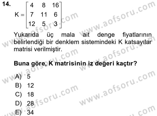 Matematiksel İktisat Dersi 2017 - 2018 Yılı 3 Ders Sınav Soruları 14. Soru