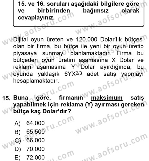 Matematiksel İktisat Dersi 2017 - 2018 Yılı 3 Ders Sınav Soruları 15. Soru
