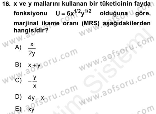 Matematiksel İktisat Dersi 2017 - 2018 Yılı (Final) Dönem Sonu Sınav Soruları 16. Soru