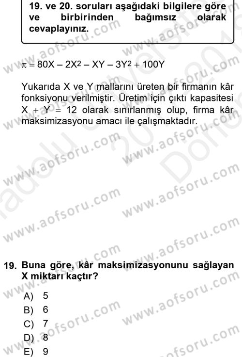 Matematiksel İktisat Dersi 2017 - 2018 Yılı (Final) Dönem Sonu Sınav Soruları 19. Soru