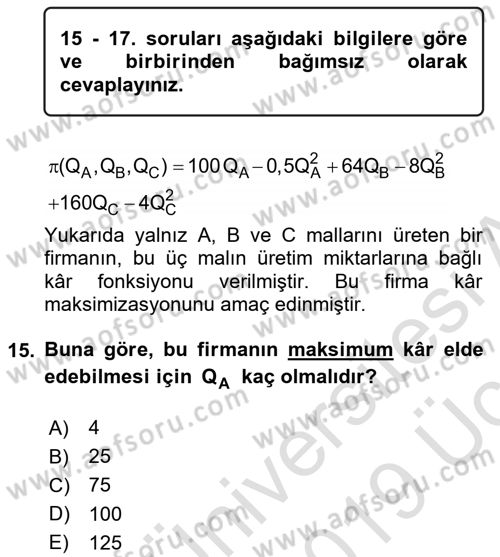 Matematiksel İktisat Dersi 2018 - 2019 Yılı 3 Ders Sınav Soruları 15. Soru