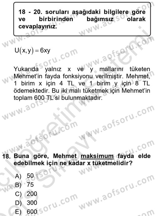 Matematiksel İktisat Dersi 2018 - 2019 Yılı 3 Ders Sınav Soruları 18. Soru