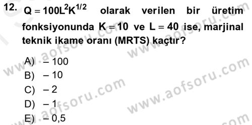 Matematiksel İktisat Dersi 2018 - 2019 Yılı (Final) Dönem Sonu Sınav Soruları 12. Soru