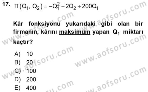 Matematiksel İktisat Dersi 2018 - 2019 Yılı (Final) Dönem Sonu Sınav Soruları 17. Soru