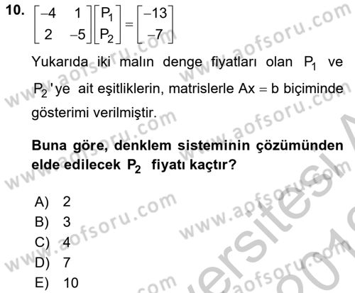 Matematiksel İktisat Dersi 2018 - 2019 Yılı Yaz Okulu Sınav Soruları 10. Soru