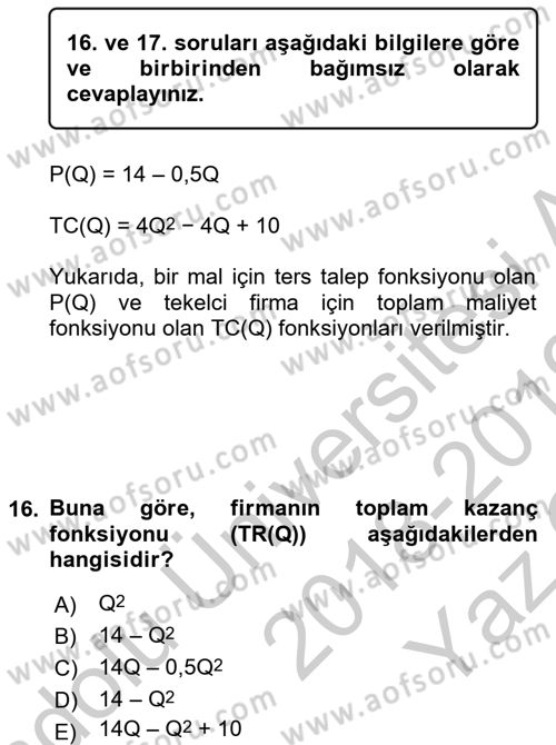 Matematiksel İktisat Dersi 2018 - 2019 Yılı Yaz Okulu Sınav Soruları 16. Soru