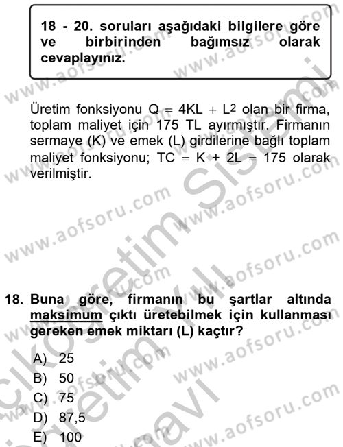 Matematiksel İktisat Dersi 2018 - 2019 Yılı Yaz Okulu Sınav Soruları 18. Soru