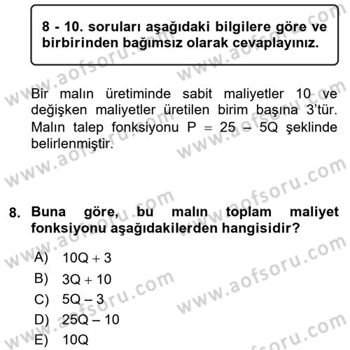 Matematiksel İktisat Dersi 2019 - 2020 Yılı (Vize) Ara Sınav Soruları 8. Soru