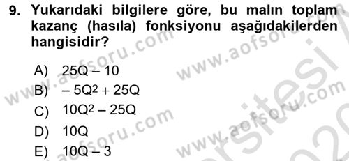 Matematiksel İktisat Dersi 2019 - 2020 Yılı (Vize) Ara Sınav Soruları 9. Soru