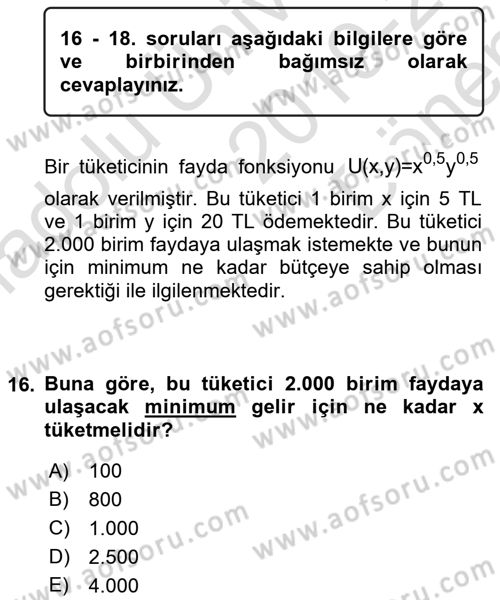 Matematiksel İktisat Dersi 2019 - 2020 Yılı (Final) Dönem Sonu Sınav Soruları 16. Soru