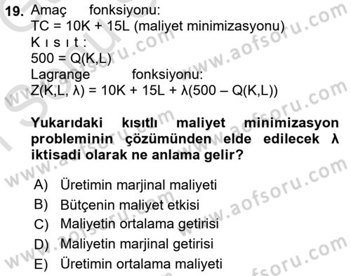 Matematiksel İktisat Dersi 2019 - 2020 Yılı (Final) Dönem Sonu Sınav Soruları 19. Soru