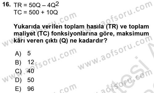Matematiksel İktisat Dersi 2021 - 2022 Yılı (Final) Dönem Sonu Sınav Soruları 16. Soru