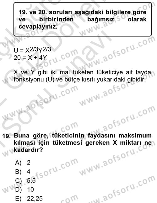 Matematiksel İktisat Dersi 2021 - 2022 Yılı (Final) Dönem Sonu Sınav Soruları 19. Soru