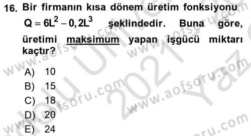Matematiksel İktisat Dersi 2021 - 2022 Yılı Yaz Okulu Sınav Soruları 16. Soru
