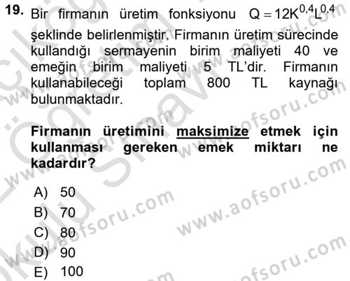 Matematiksel İktisat Dersi 2021 - 2022 Yılı Yaz Okulu Sınav Soruları 19. Soru