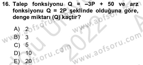 Matematiksel İktisat Dersi Ara Sınavı Deneme Sınav Soruları 16. Soru
