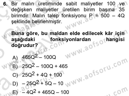 Matematiksel İktisat Dersi Ara Sınavı Deneme Sınav Soruları 6. Soru
